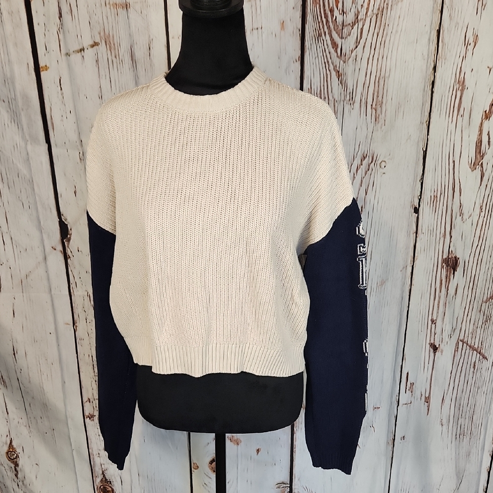 L. A. Hearts Beige Navy Oversized Cropped Sweater S